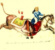 Figura 6. Juanita Breña capeando un toro en Acho (1821). Acuarela por Pancho Fierro. Colección Ricardo Palma. Pinacoteca Municipal Merino, Lima. 