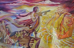Detalle del mural "El nacimiento del charango". El niño que levantó al kirkincho/charango es Jaime Torres