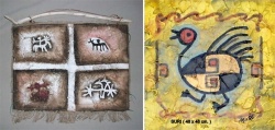 Un tapiz lienzo con imágenes del arte rupestre patagónico y una manifestación de arte aborigen: el suri