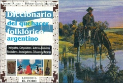 Tapa y un fragmento de una obra de Rodolfo Ramos que ilustra la contratapa del "Diccionario del quehacer folklórico argentino"
