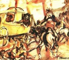 Ilustración para la "Cantata Riojana", de Gatica y Navarro: El momento del asesinato de Facundo.
