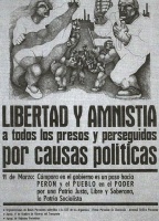 Un afiche en apoyo de Cámpora, que incluye un dibujo de Ricardo Carpani, recoge la consigna por la libertad de los presos políticos.  