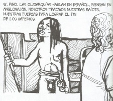 Expulsión de Pedro de Mendoza en 1541 y Juan Bagual el querandí conversando con el director de Cine Pino Solanas. Dos ilustraciones de la historieta "Juan Bagual el Querandí" (Sebastián Maissa y Guillermo Robledo).