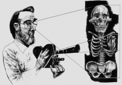 Prelorán filmando, según la Ilustración de la revista "Sudestada" 